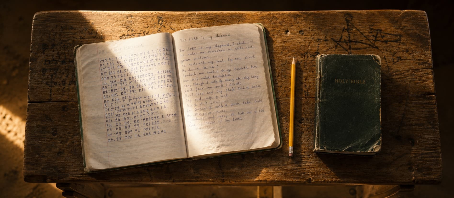 Open notebook with handwritten letter beside a bible — still life evoking the founding letter